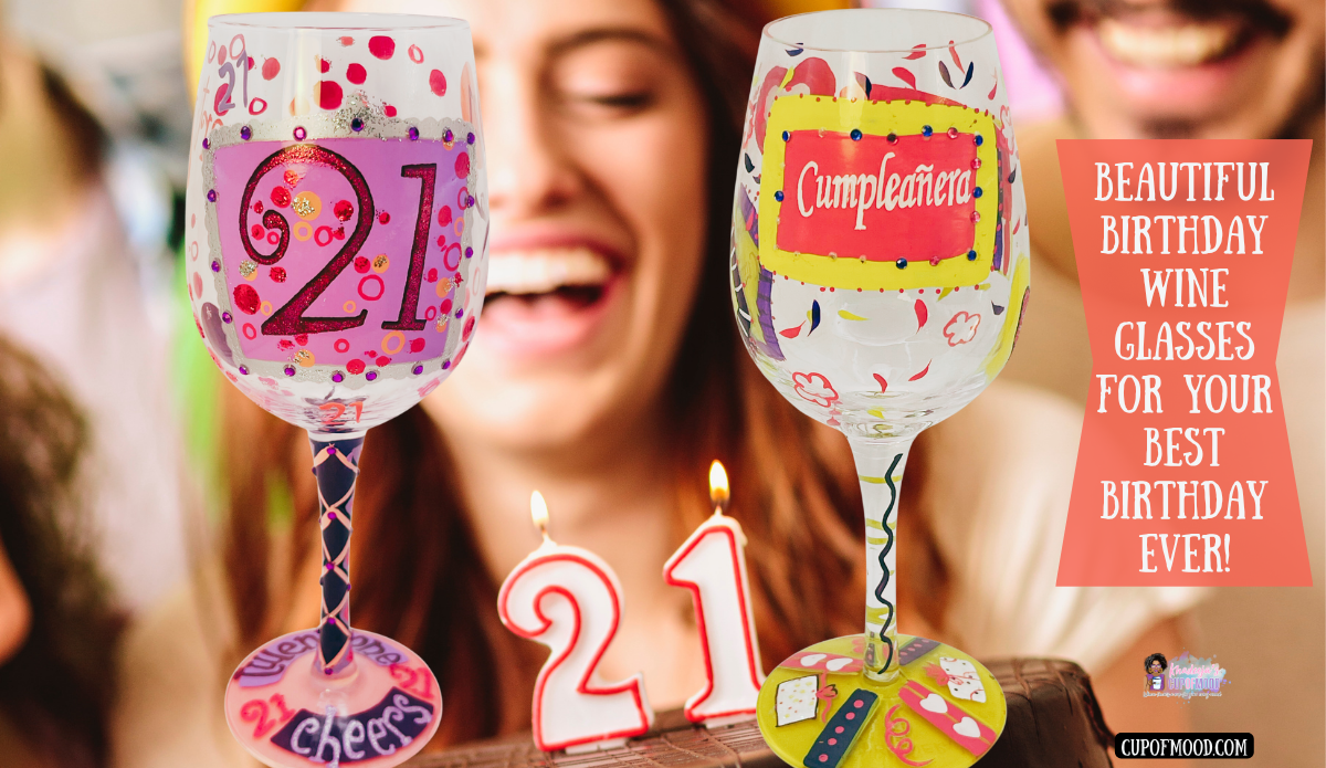Lolita 21 Cheers and Cumpleañera hand-painted birthday wine glasses displayed beside glowing 21st birthday candles and smiling partygoers.