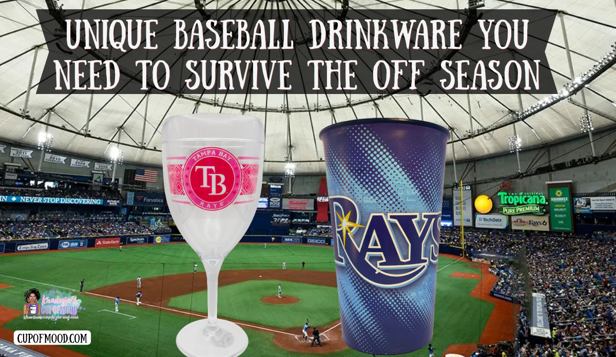 Tampa Bay Rays drinkware featuring a pink Rays stemmed wine tumbler and blue Rays stadium cup against an interior view of Tropicana Field.