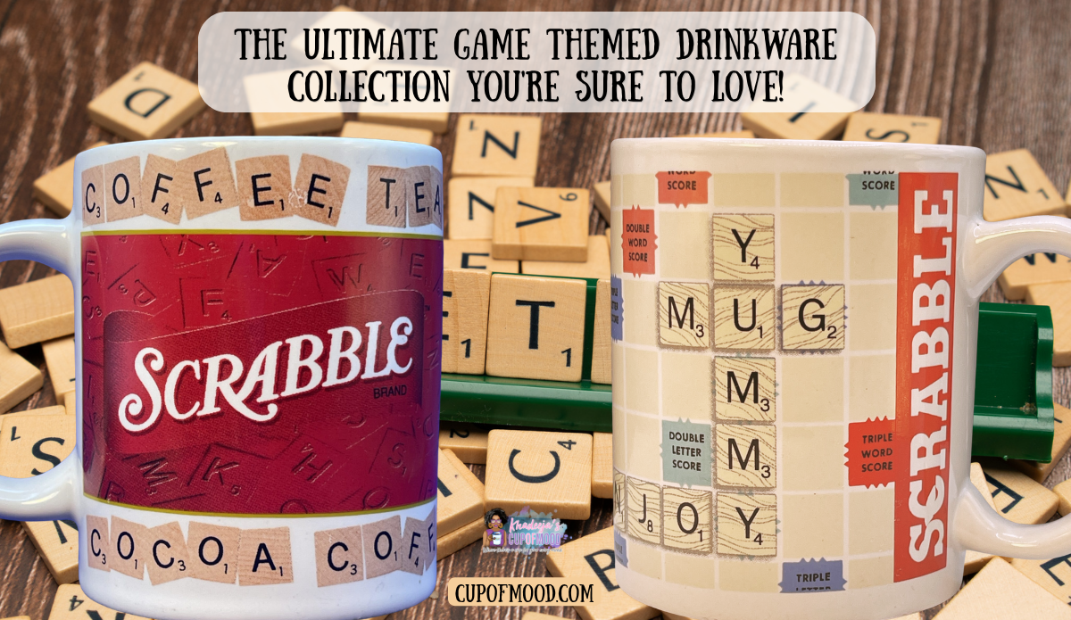 Two Scrabble coffee mugs with letter tiles and board-game artwork displayed against wooden Scrabble tiles beneath the Game Themed Drinkware headline.