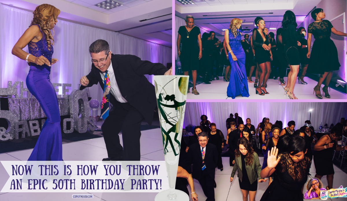 Khadeeja dancing with a male guest at her purple-themed 50th birthday party, with additional photographs of guests dancing and a tall decorative champagne flute.