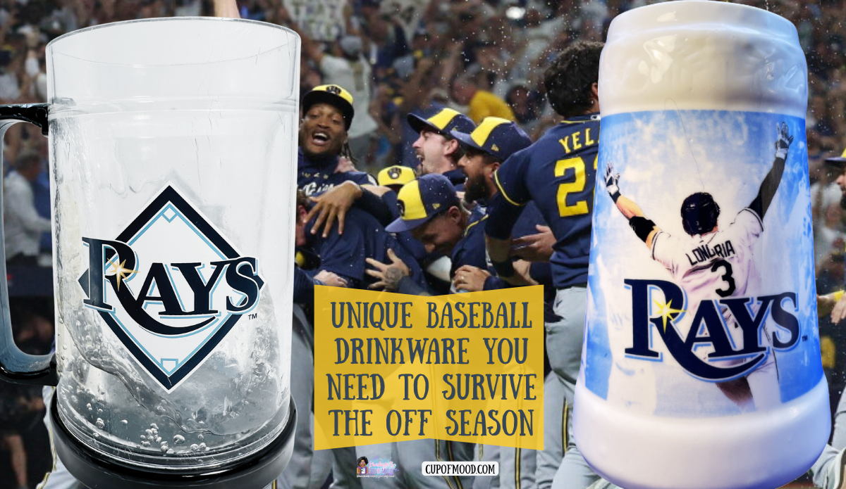Tampa Bay Rays crystal freezer beer mug and Evan Longoria number 3 collector stein displayed against a baseball championship celebration.