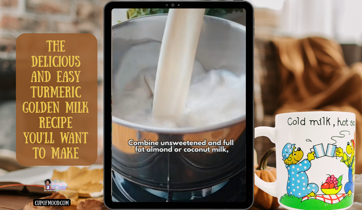 Milk being poured into a saucepan for turmeric golden milk beside a whimsical illustrated coffee mug.