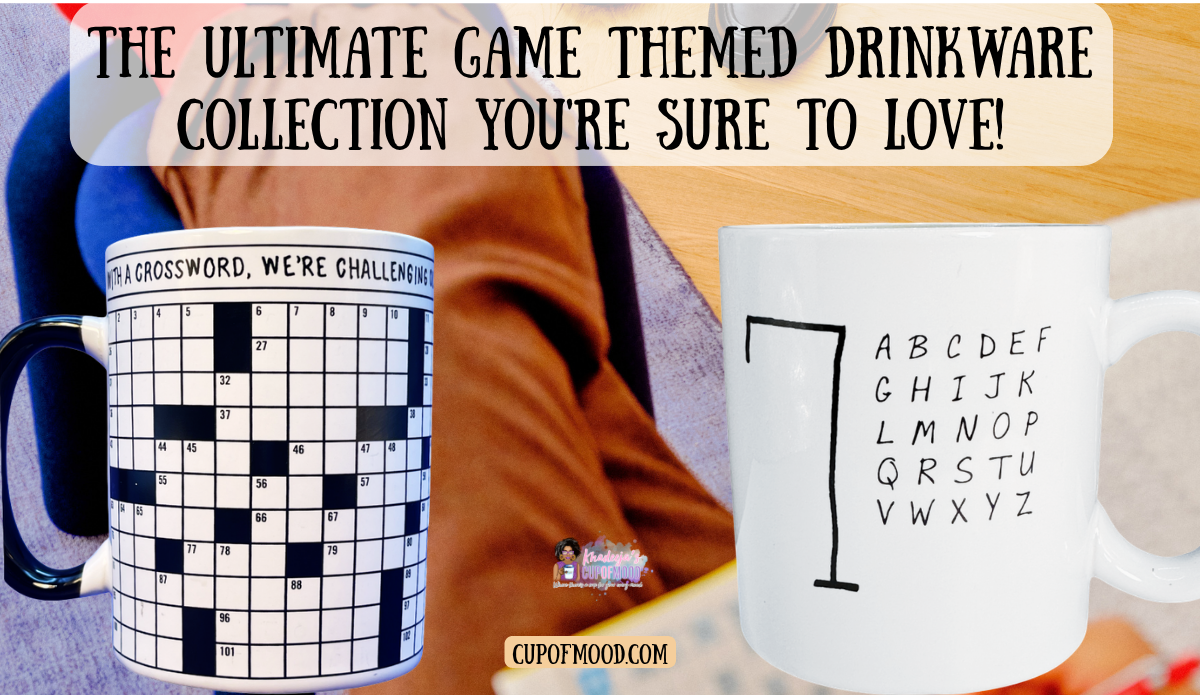 Crossword Puzzle Mug and white Hangman Game Mug displayed side by side against a puzzle-themed background with the Game Themed Drinkware headline.