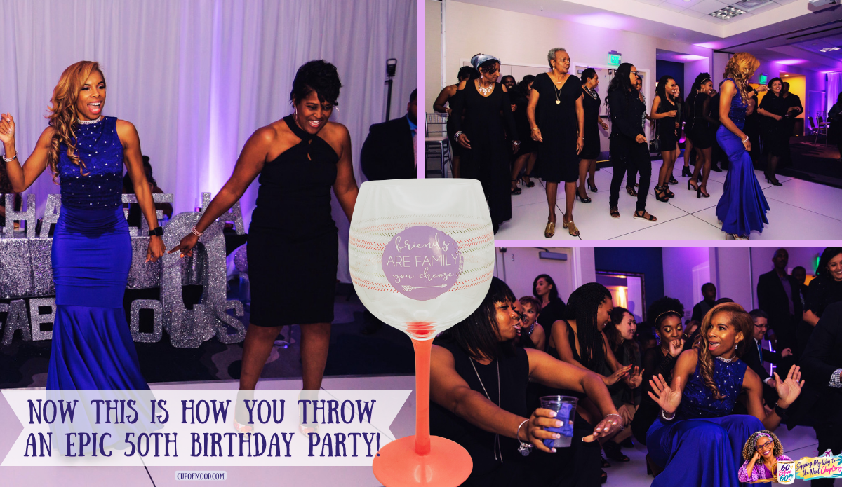Khadeeja dancing with friends at her 50th birthday party, accompanied by a Friends Are Family You Choose wine glass with a coral-colored stem.