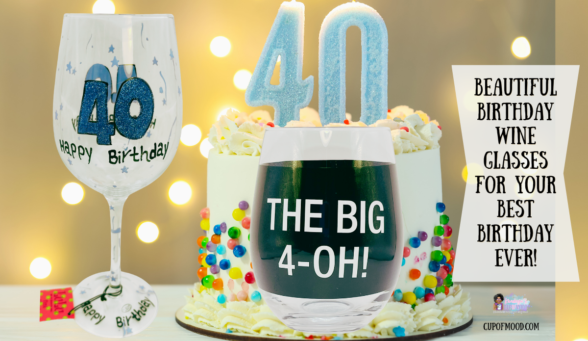 Happy 40th Birthday glitter wine glass and The Big 4-Oh stemless wine glass displayed with blue number 40 birthday candles and a decorated cake.