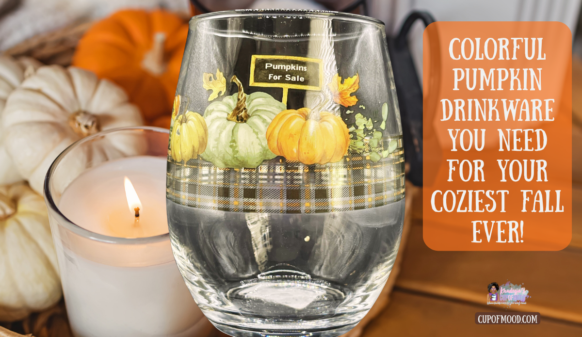 Pumpkins For Sale stemless wine glass with orange green and cream pumpkins beside a candle and fall decor