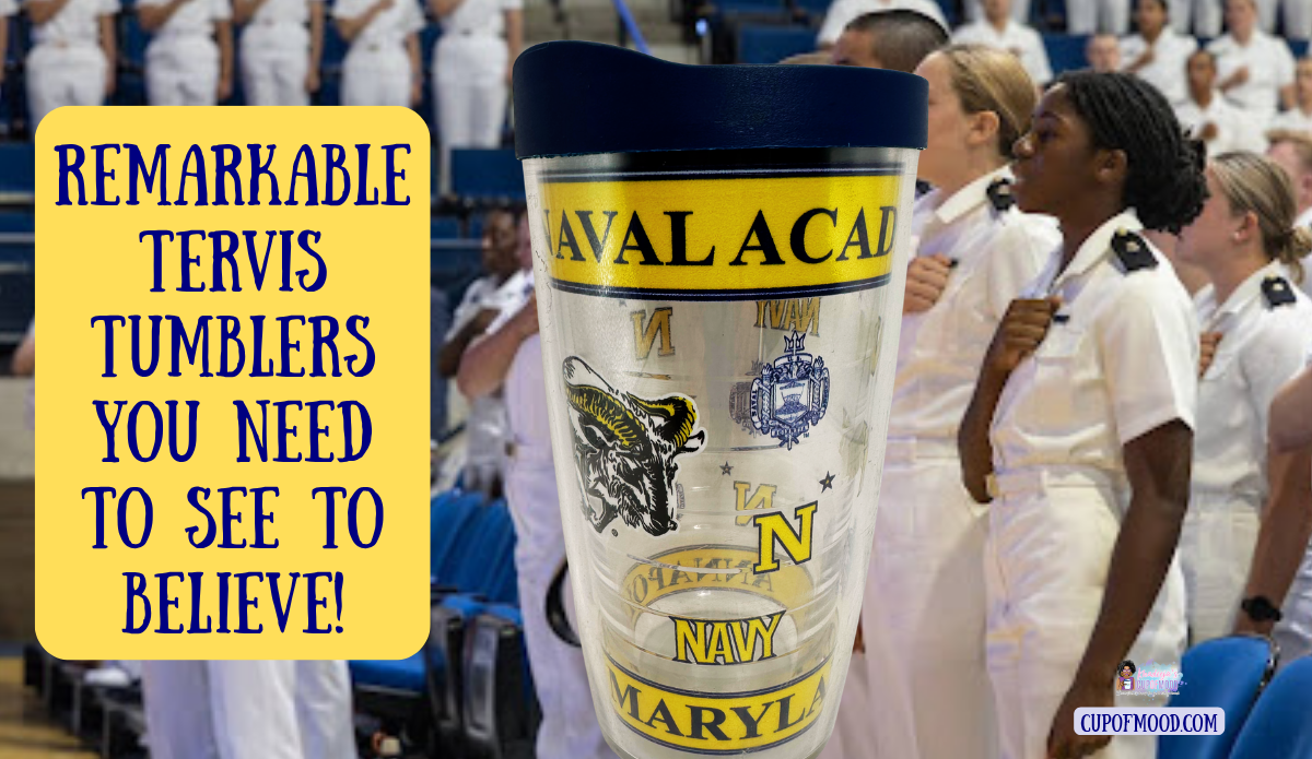 United States Naval Academy Tervis tumbler with navy blue lid and Navy mascot artwork against a background of uniformed midshipmen at a ceremony.