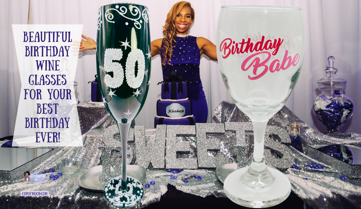 Black 50 Bling Birthday Champagne Flute and Birthday Babe Pink Glitter Wine Glass displayed with a personal 50th birthday celebration photograph.
