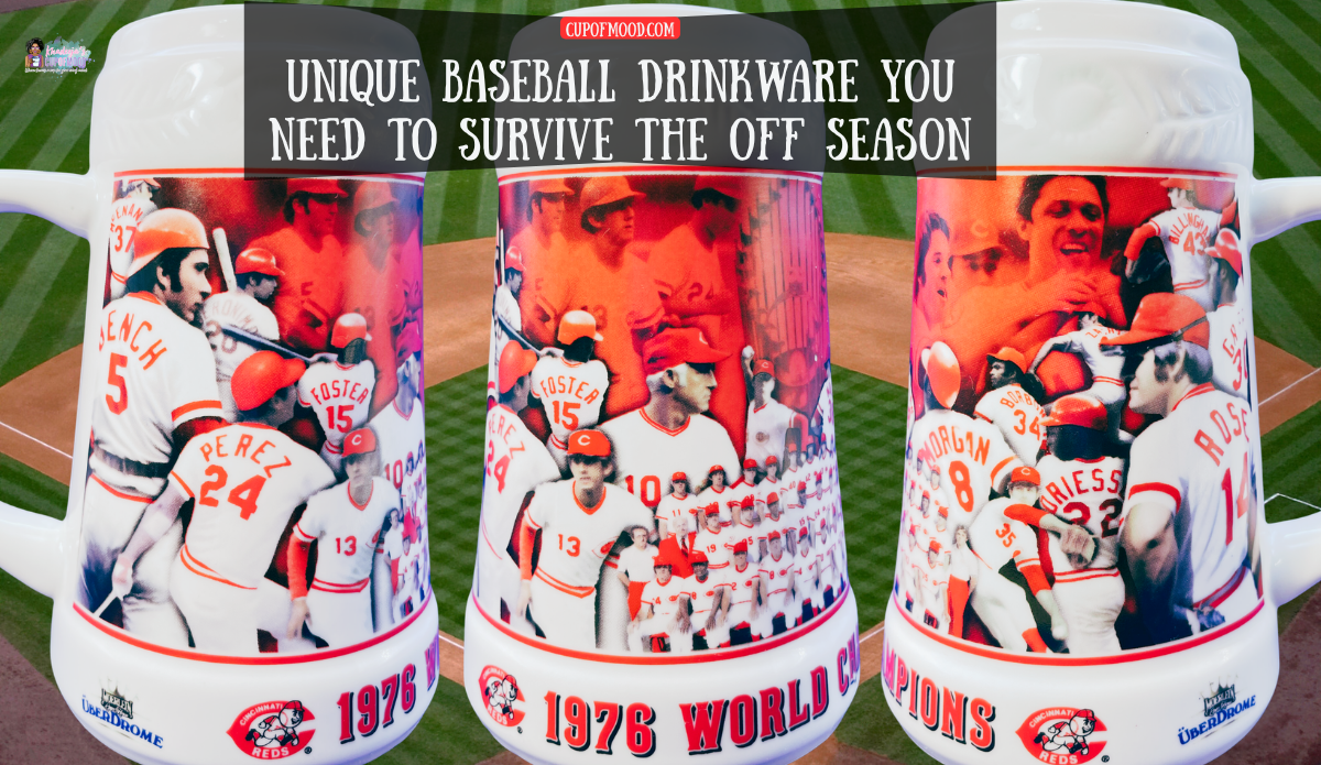 Three views of the 1976 Cincinnati Reds World Champions ceramic beer stein showing Big Red Machine player photographs over a baseball diamond.