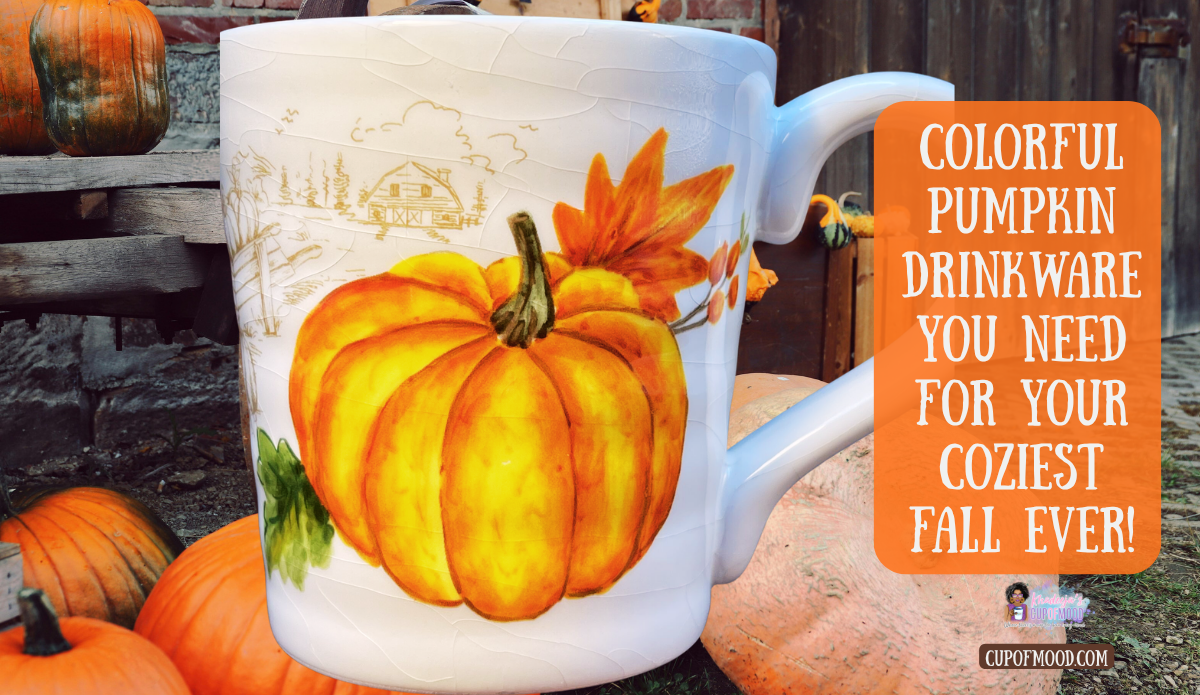 Maxcera pumpkin patch mug with large orange pumpkin displayed among pumpkins in a rustic fall setting