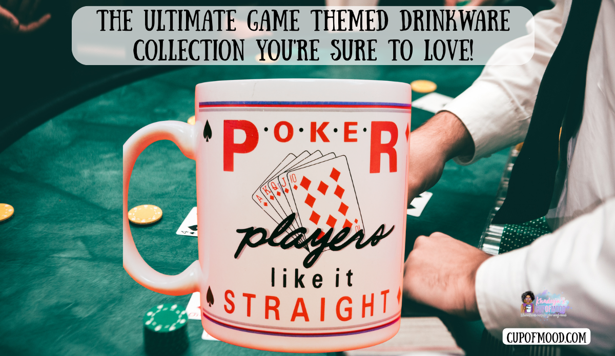 Papel Poker Player Mug with diamond-suit playing cards and Poker Players Like It Straight design against a green poker table with chips.