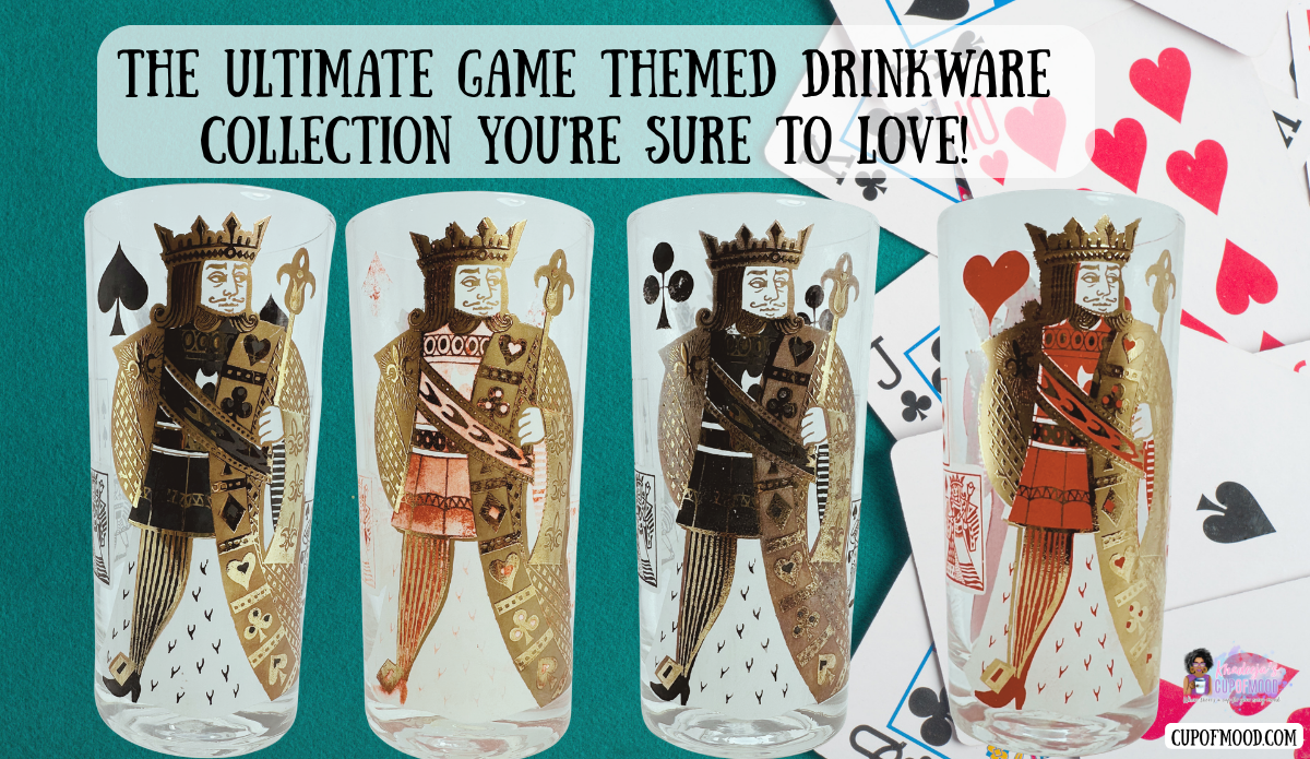 Four king playing-card highball glasses showing spades, diamonds, clubs, and hearts designs with decorative gold artwork against playing cards.