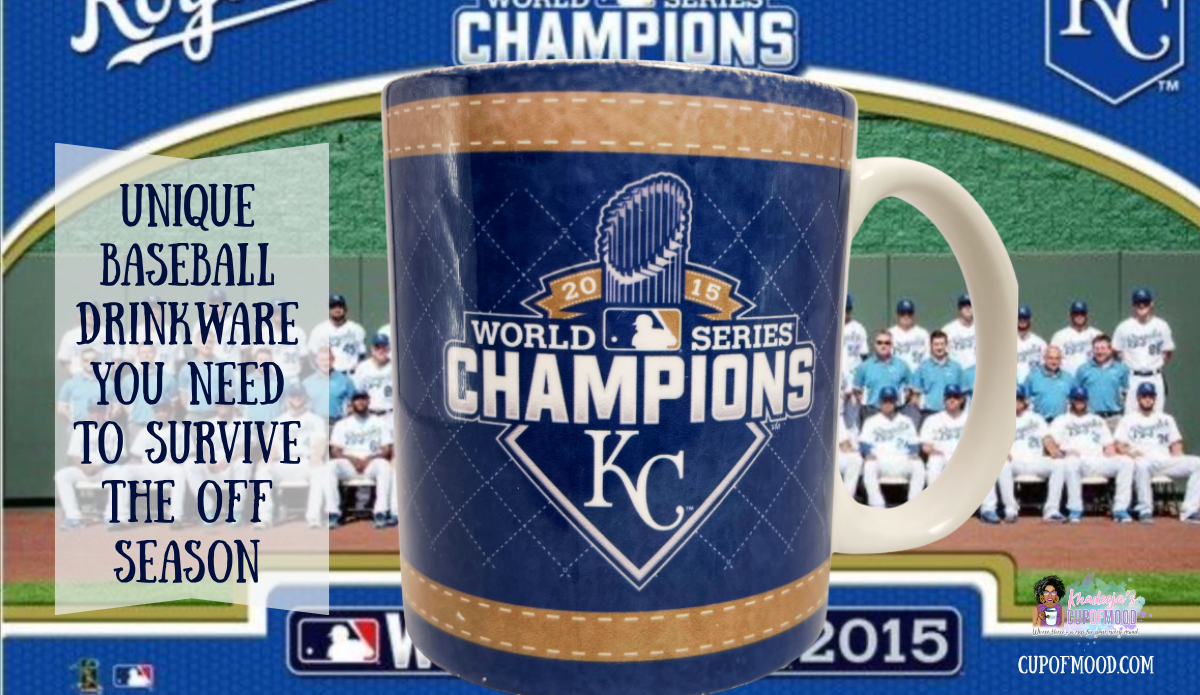 Kansas City Royals 2015 World Series Champions mug with navy and gold KC championship emblem against Royals team photo and championship graphics.