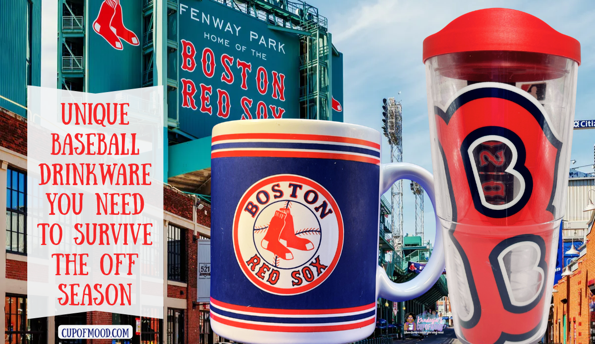 Boston Red Sox navy logo coffee mug and clear red-lidded Red Sox travel tumbler displayed in front of Fenway Park signage.