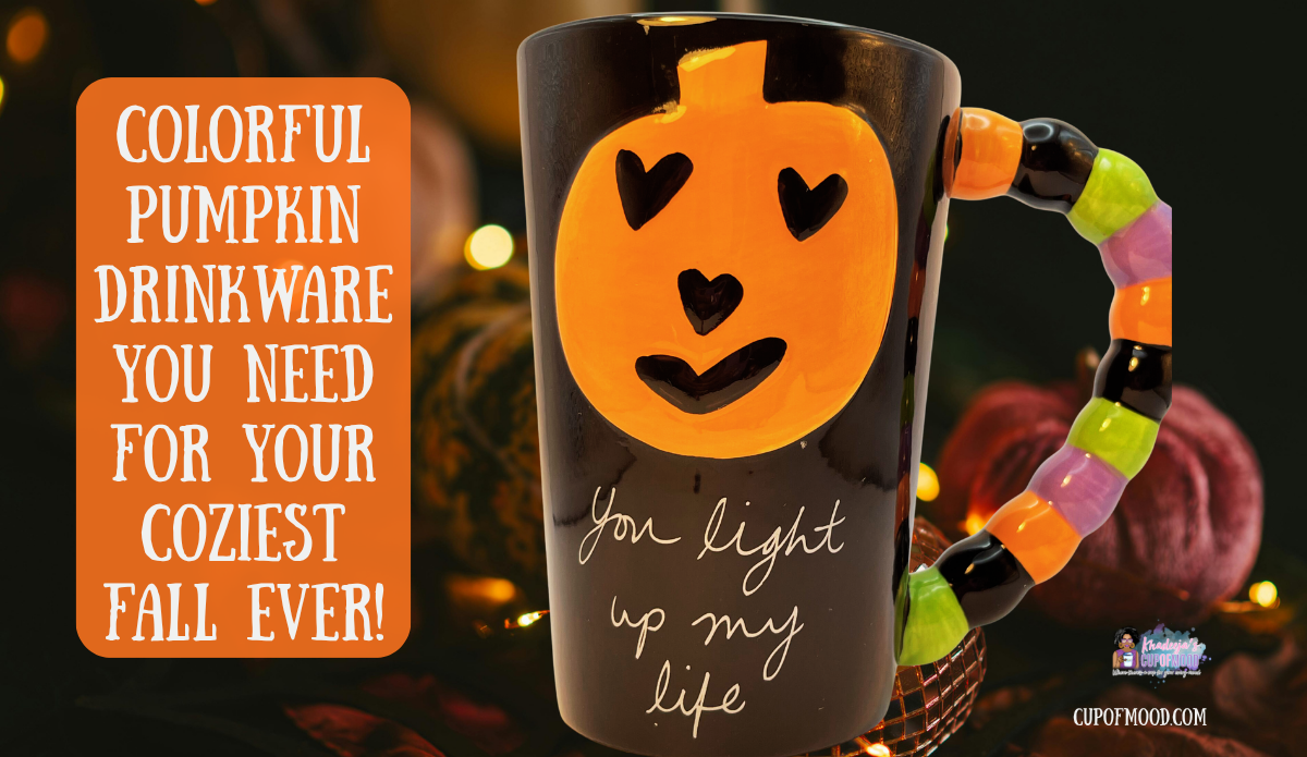 Sandra Magsamen You Light Up My Life jack o lantern mug with colorful handle in a glowing fall scene