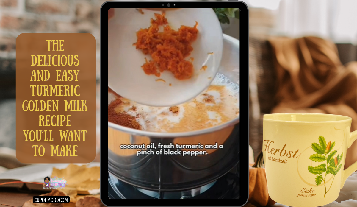Fresh grated turmeric being added to golden milk beside a pale yellow botanical mug.
