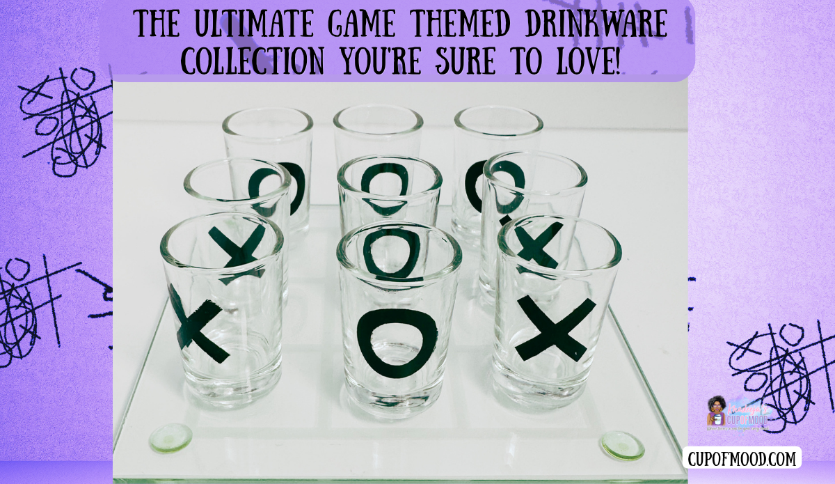 Tic Tac Toe Shot Glass Game with nine clear X and O glasses on a square glass board against a purple game-themed background.