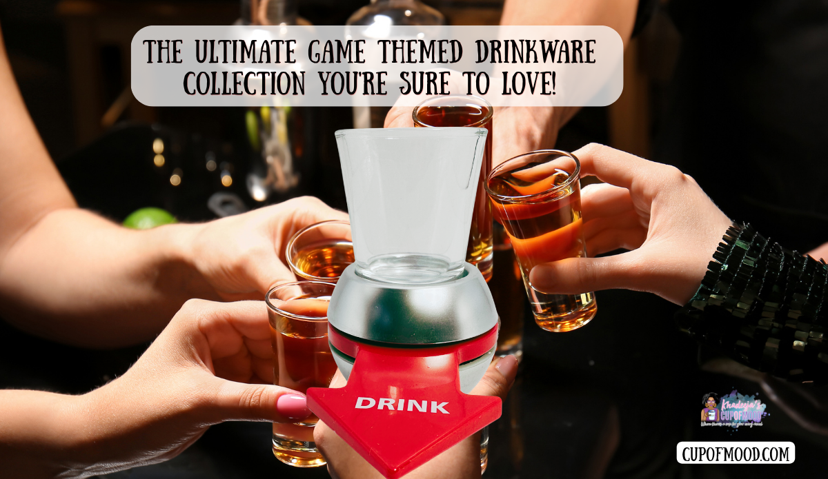 Spin the Shot Drinking Game with silver spinning holder and red DRINK arrow surrounded by friends holding shot glasses.