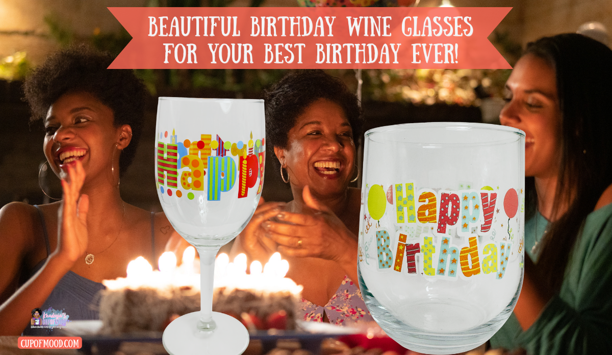 Colorful Happy Birthday stemmed wine glass and Happy Birthday stemless wine glass displayed with three smiling women celebrating around a birthday cake.