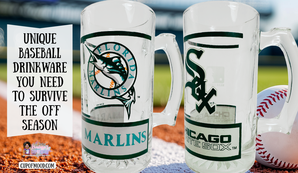 Vintage Florida Marlins and Chicago White Sox glass beer mugs displayed on a baseball field with baseballs and the blog headline.