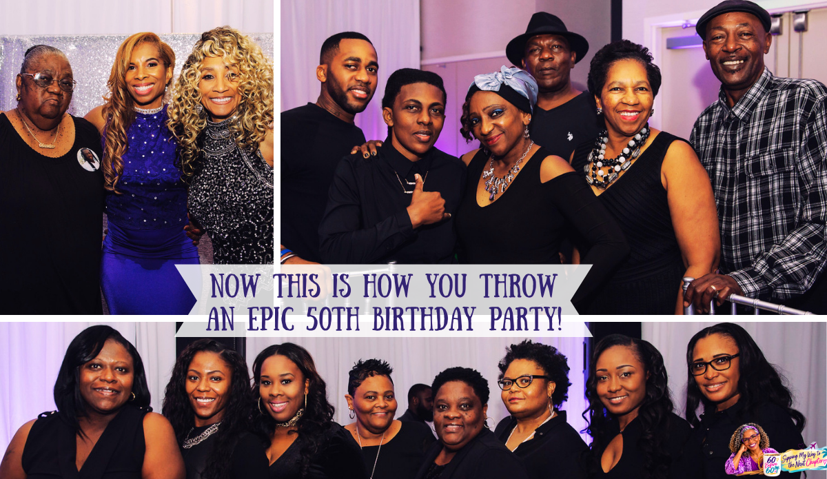 Three-panel collage showing Khadeeja with relatives and groups of smiling family members and friends at her 50th birthday celebration.
