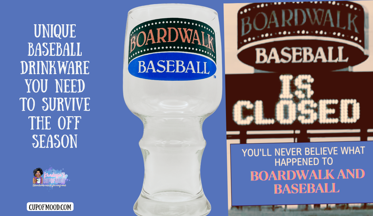 Vintage Boardwalk and Baseball souvenir glass beside historic park sign reading It's Closed, promoting CupofMood's Florida amusement park story.
