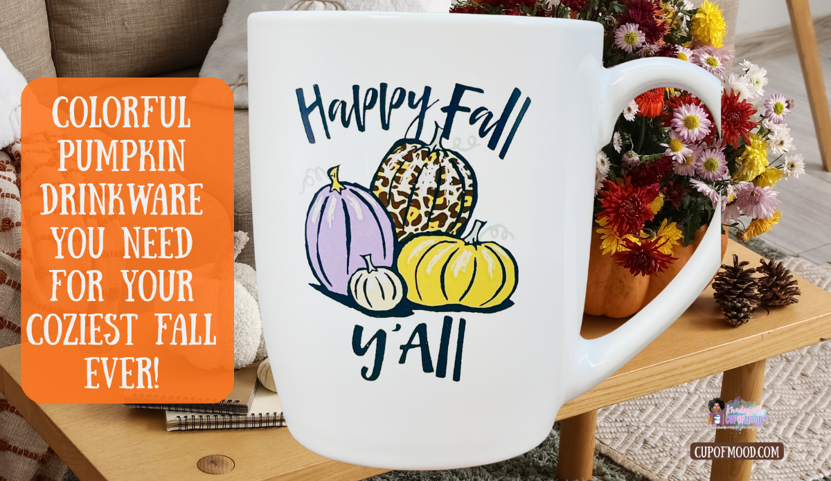 Happy Fall Y'all pumpkin mug with colorful patterned pumpkins displayed beside autumn flowers and cozy fall decor