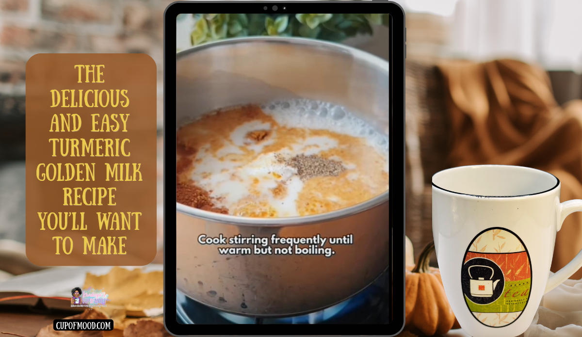 Turmeric golden milk warming in a saucepan beside a white tea-themed mug.
