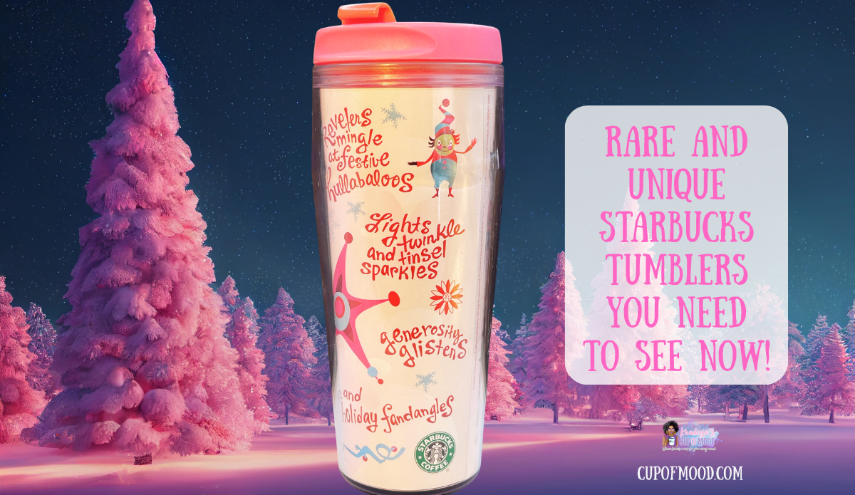 2004 Starbucks pink holiday travel tumbler displayed in a snowy pink Christmas forest