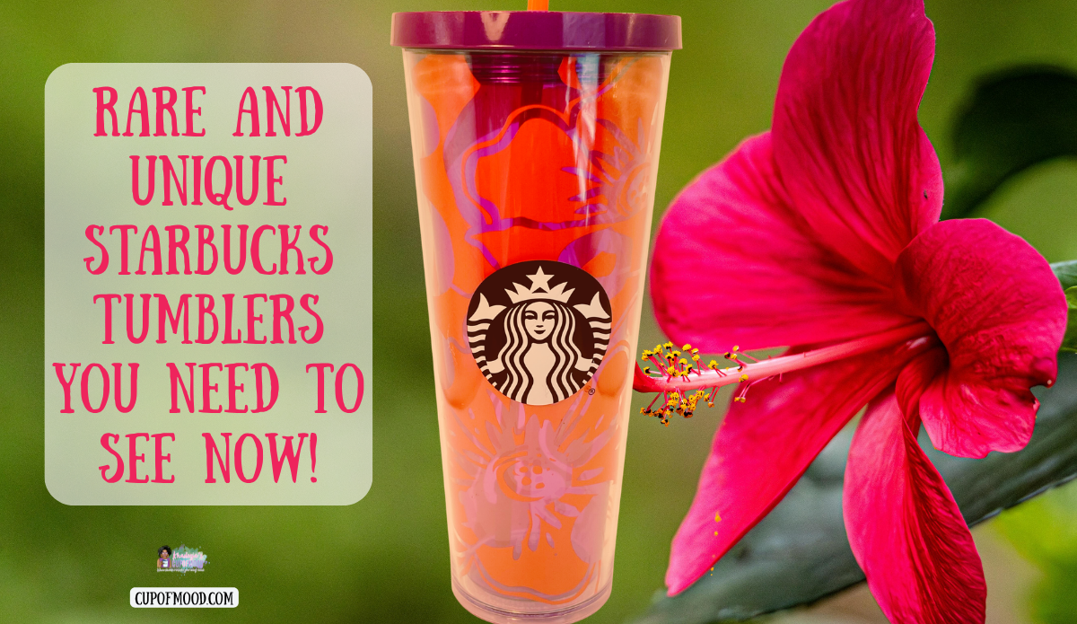 Starbucks 2014 Purple Red Hibiscus Tumbler displayed beside a bright red hibiscus flower