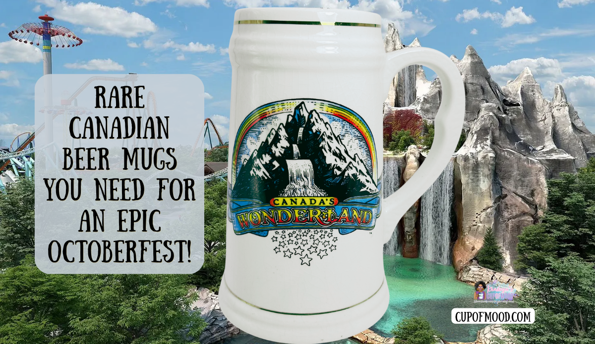 Vintage Canada’s Wonderland beer mug with Wonder Mountain, waterfall, roller coasters, and Oktoberfest blog headline