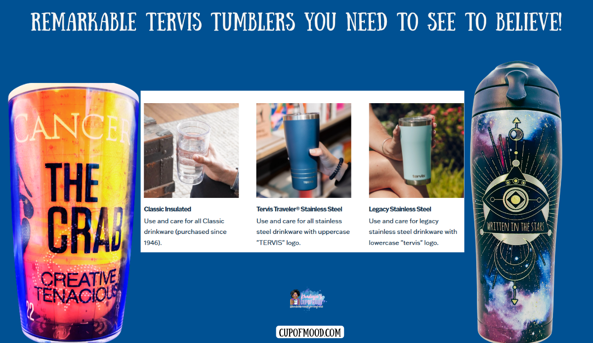 Tervis care guide showing Classic Insulated, Traveler Stainless Steel, and Legacy Stainless Steel drinkware between two decorative Tervis tumblers.