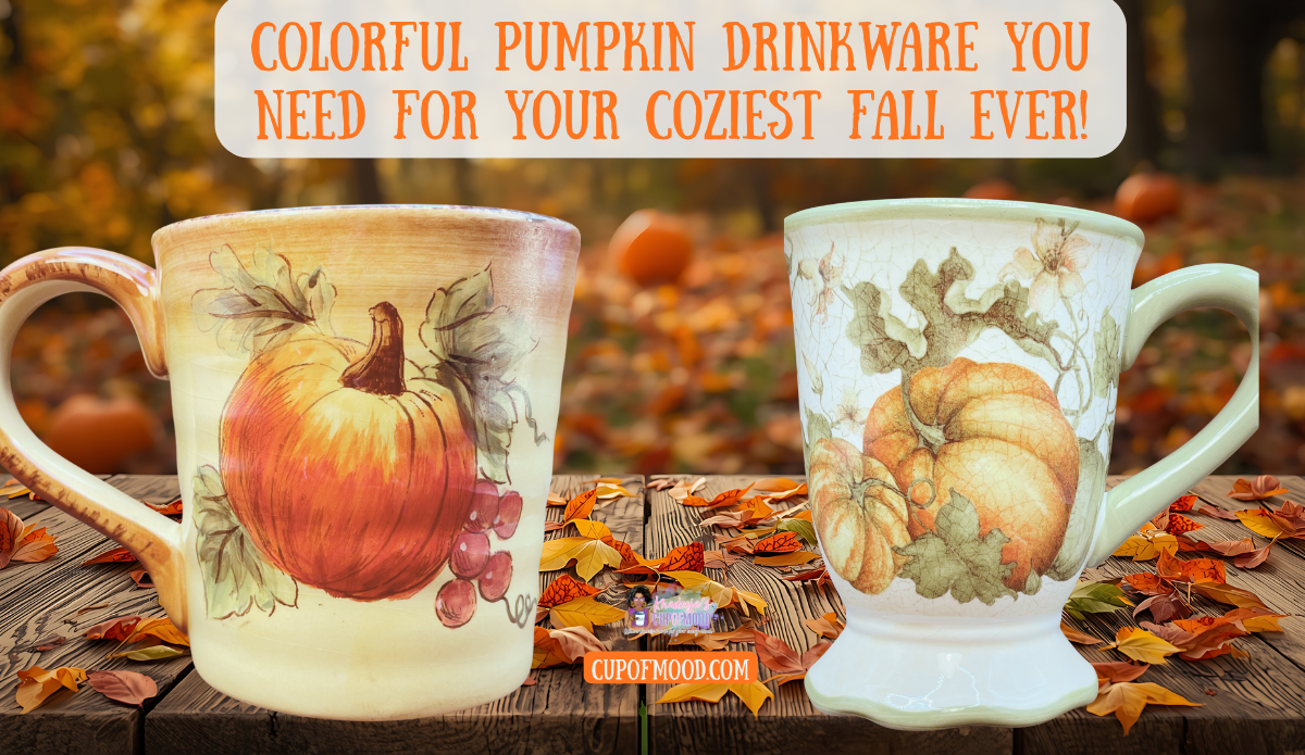 Colorful pumpkin drinkware featuring two pumpkin mugs displayed on a wooden table surrounded by autumn leaves and pumpkins