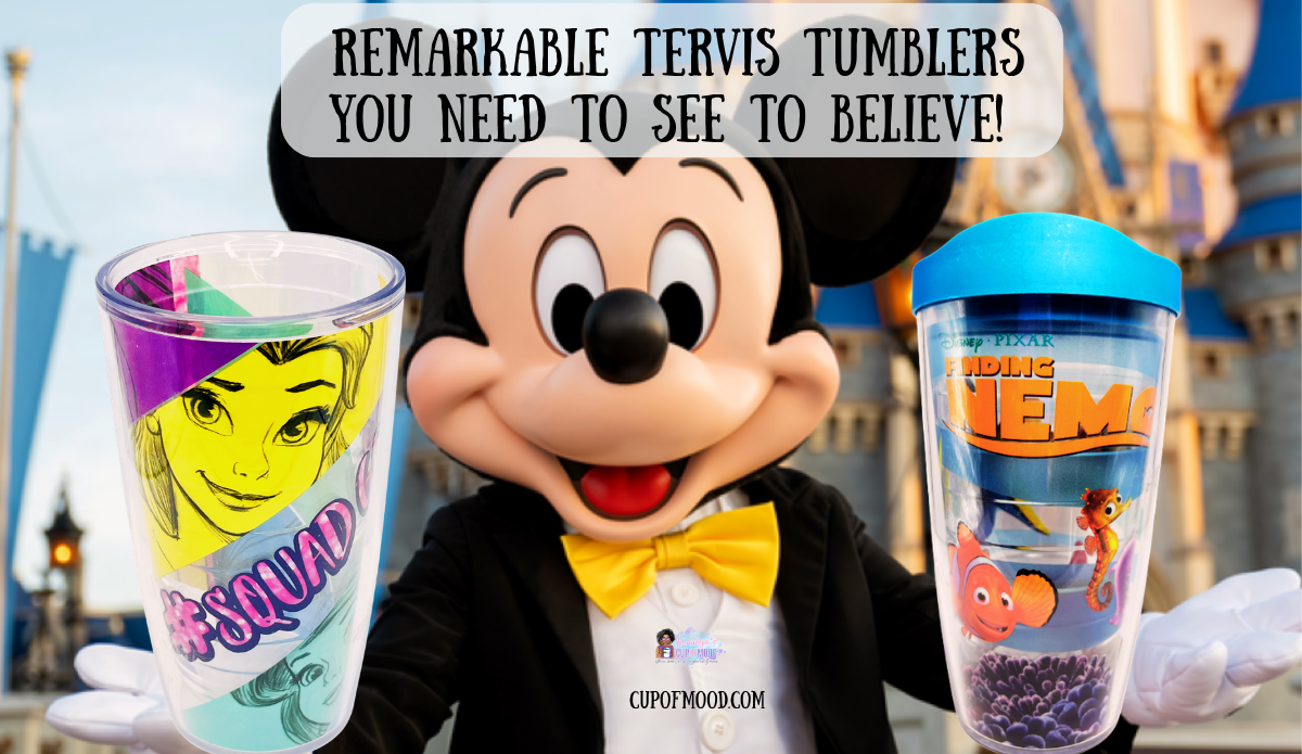 Disney Princess Squad Goals and Pixar Finding Nemo Tervis tumblers positioned beside Mickey Mouse with a Disney castle in the background.