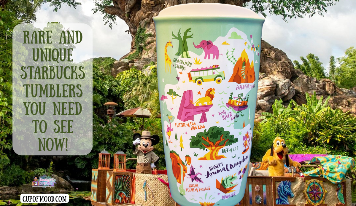 Starbucks Animal Kingdom Tumbler displayed at Disney’s Animal Kingdom with Mickey Mouse, Pluto, and Tree of Life scenery