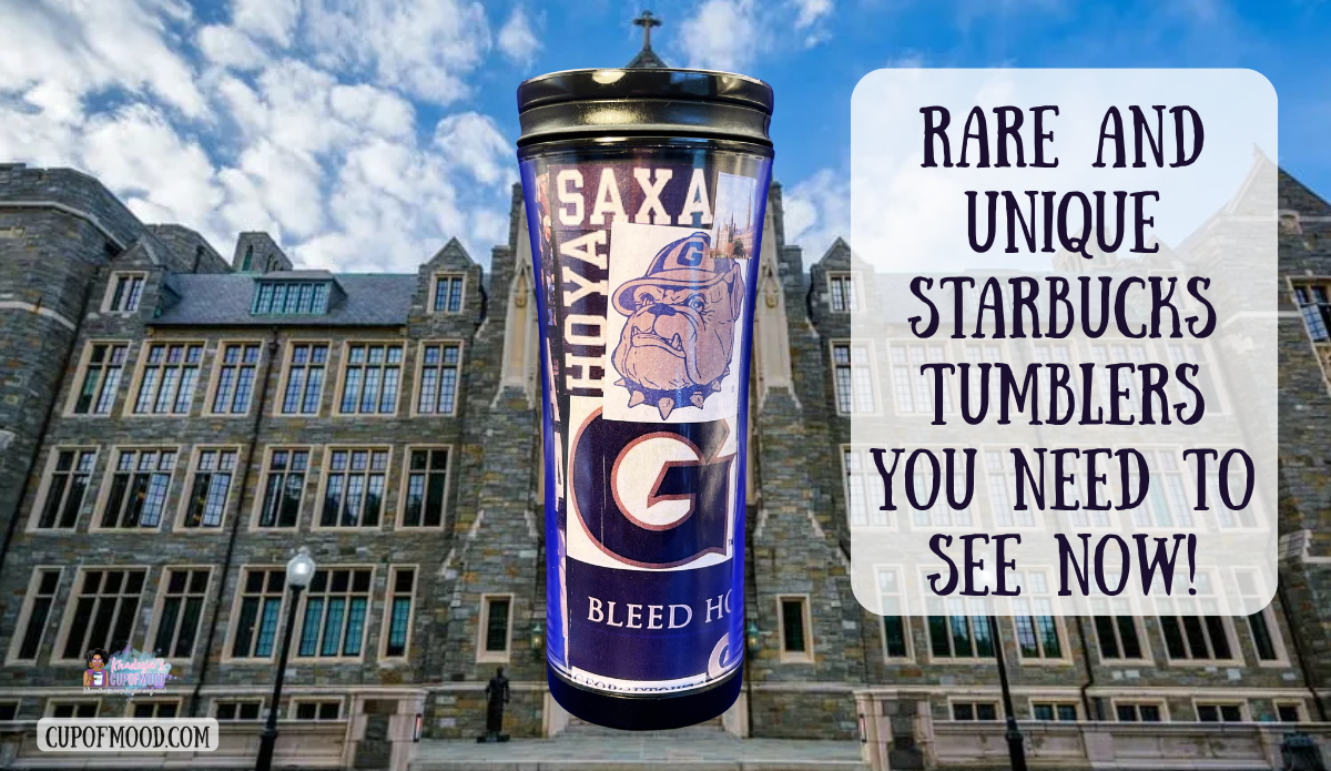 Starbucks Georgetown Hoyas travel tumbler displayed in front of historic Georgetown University buildings