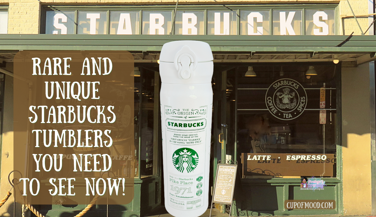 White Starbucks JNL Story heritage tumbler displayed in front of a vintage Starbucks storefront
