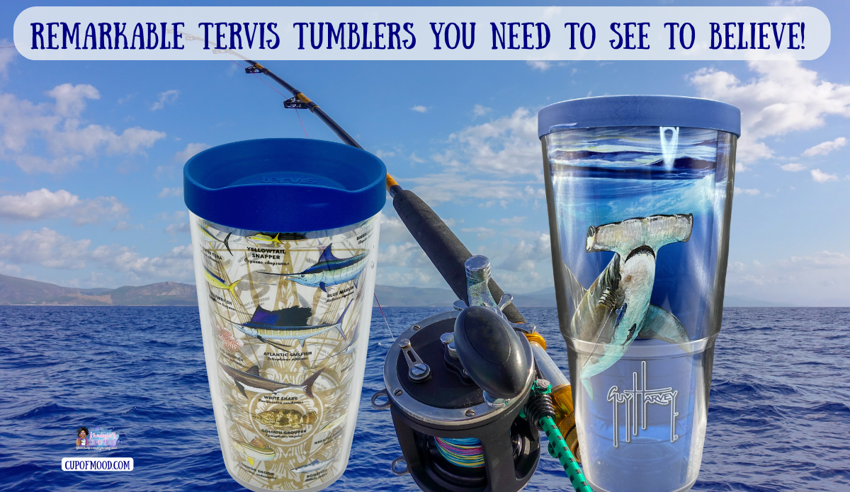 Guy Harvey Charts Fish and Hammerhead Tervis tumblers displayed against a deep blue ocean background with fishing equipment.