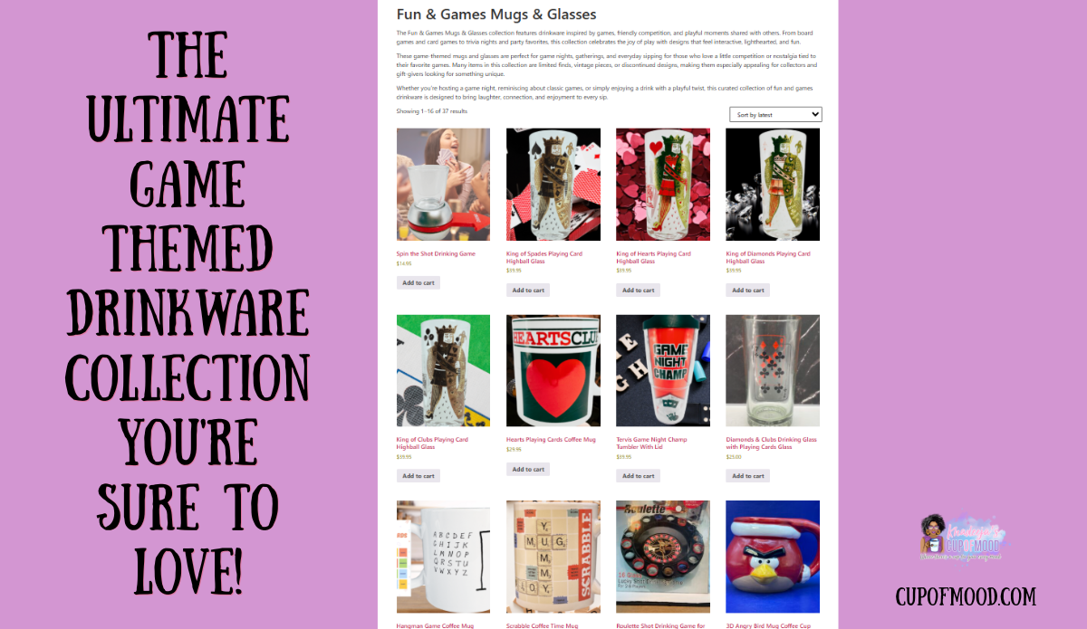 Game Themed Drinkware blog hero image featuring the CupofMood Fun & Games Collection product grid beside the article headline on a lavender background.