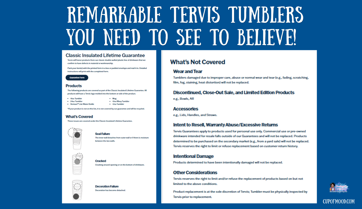 Tervis Classic Insulated Lifetime Guarantee graphic showing manufacturer coverage details and exclusions, including secondary-market resale purchases.
