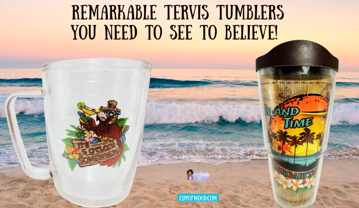 Margaritaville Red Parrot Tervis mug and Island Time tumbler displayed against an ocean beach with rolling waves.