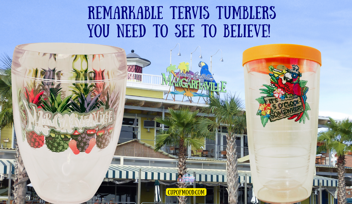Two Margaritaville Tervis drinkware designs displayed in front of a Margaritaville restaurant, featuring tropical fruit and colorful parrot artwork.