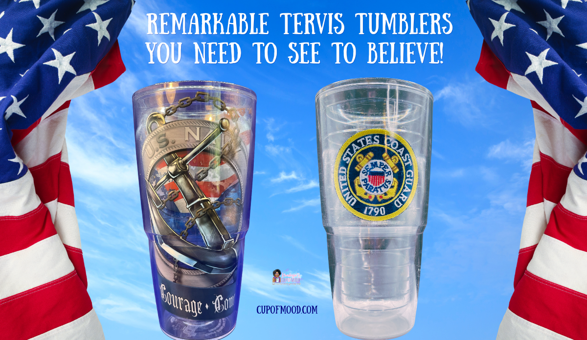 Two military-themed Tervis tumblers featuring a United States Navy anchor design and a United States Coast Guard emblem against an American flag background.