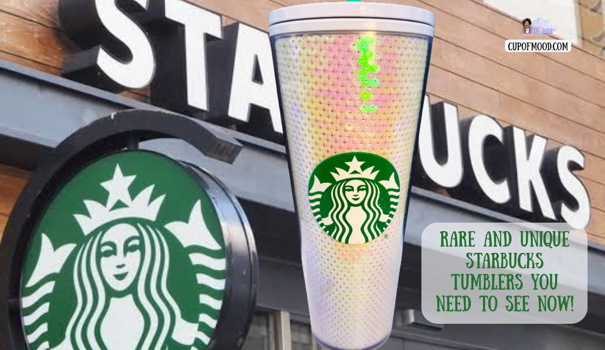 Iridescent Starbucks sequin tumbler displayed in front of a Starbucks storefront and Siren logo
