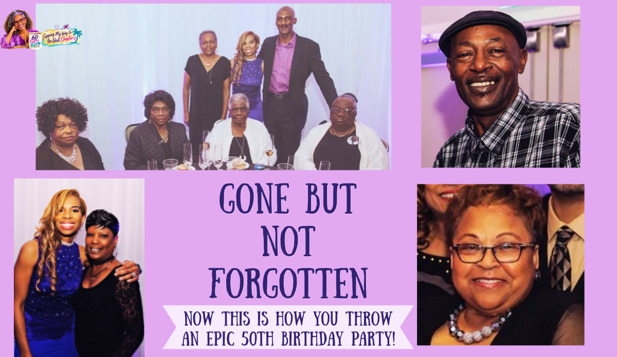 Purple Gone But Not Forgotten memorial collage featuring Khadeeja with family matriarchs, Michael's brother Rock, her dear friend Rene, and former coworker Angelia.