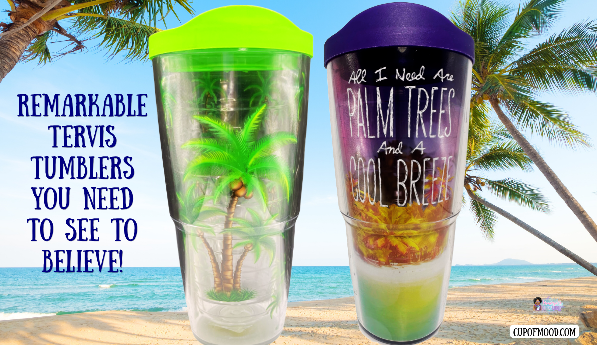 Two tropical Tervis tumblers featuring coconut palm trees and the message All I Need Are Palm Trees And A Cool Breeze against a sunny beach.