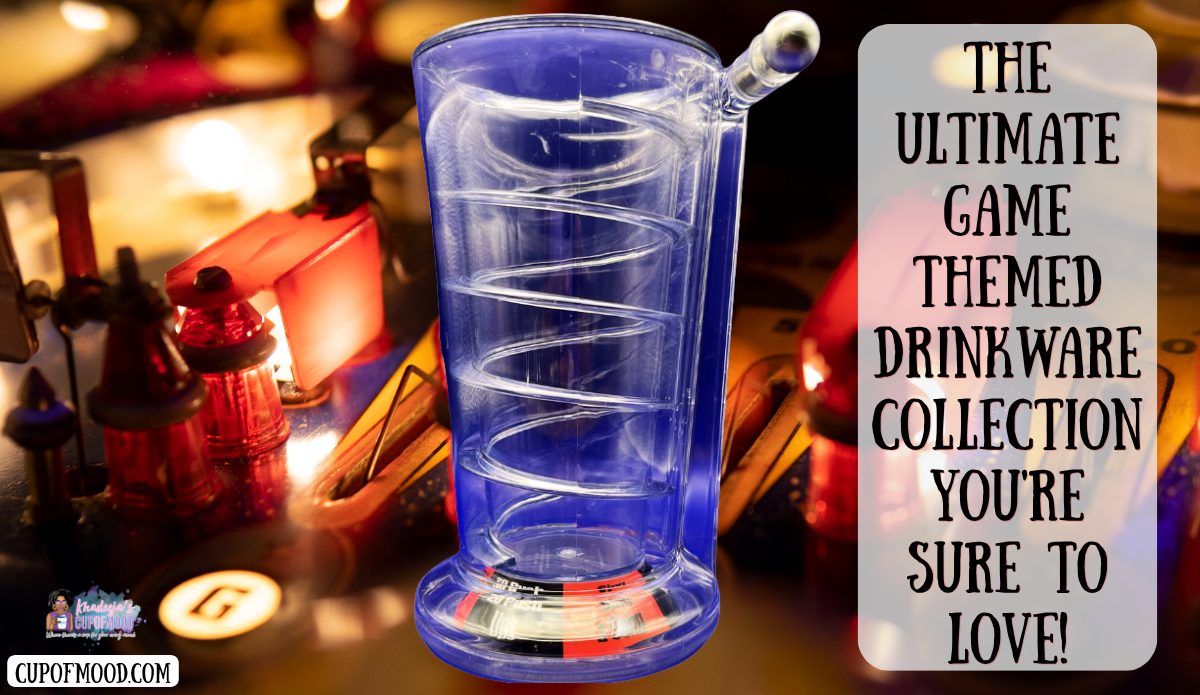 Clear Pinball Pint Glass with a spiral drinking tube and angled mouthpiece displayed against colorful illuminated pinball arcade machines.