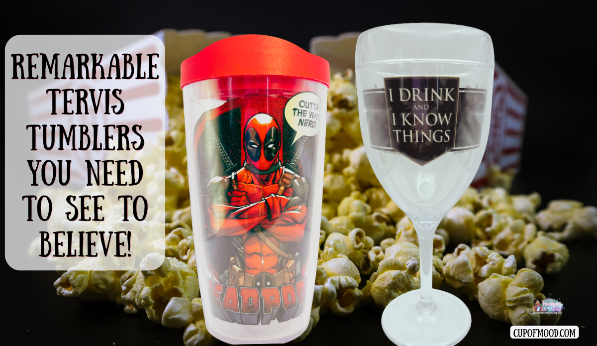 Marvel Deadpool Tervis tumbler and I Drink and I Know Things stemmed Tervis wine glass displayed against movie-night popcorn