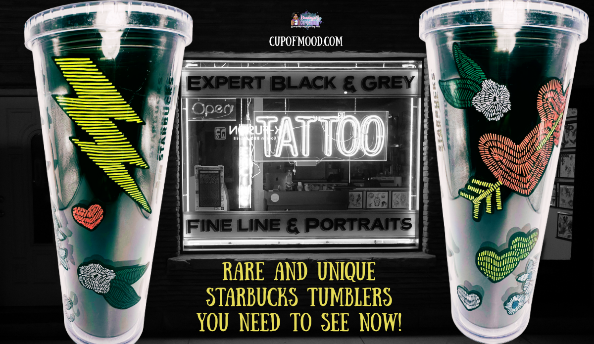 Starbucks Love Rose Floral Tumbler displayed beside a black and white tattoo shop with floral and heart graphics