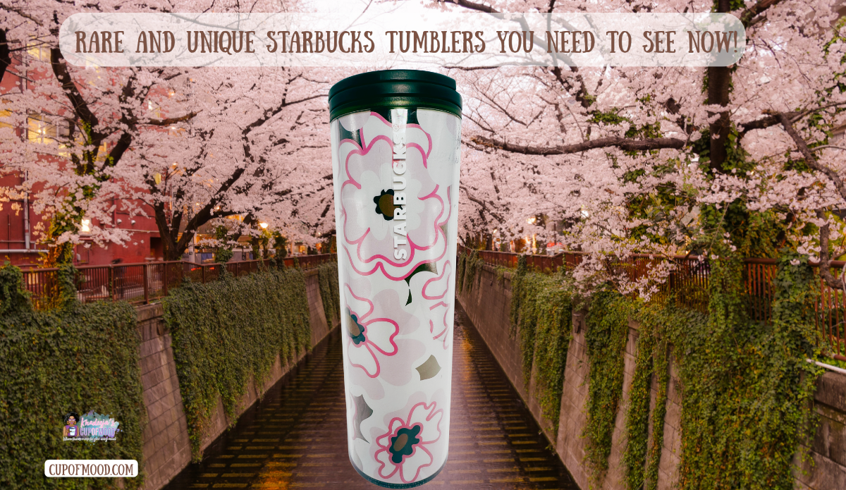 Starbucks 2018 Sakura Cherry Blossom Tumbler displayed along a walkway surrounded by blooming cherry blossom trees